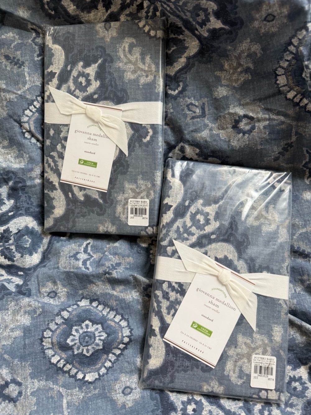 EUC Pottery Barn Giovanna Medallion Queen Duvet & 2 NWT STD Shams Blu Gray White